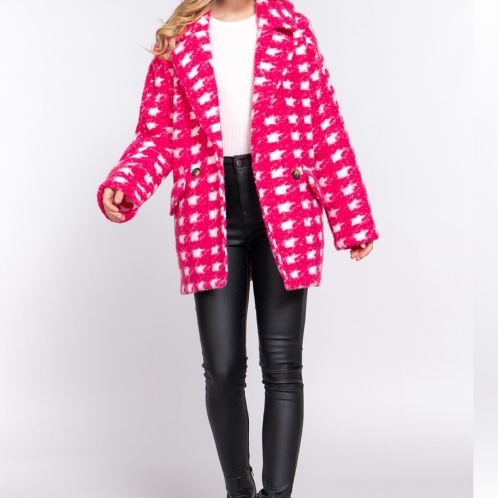 DOUBLE BREASTED CHECK PRINT BOUCLE FLEECE COAT- NEW ! - Picture 5 of 6